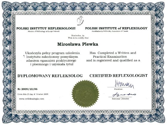 Mirosława Plewka - dyplom refleksoterapeuty